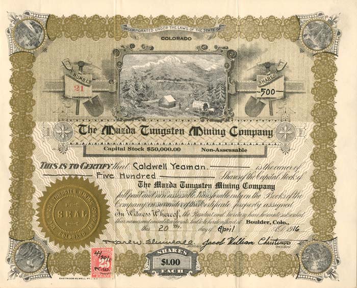 Mazda Tungsten Mining Co. - Chemical Element Stock Certificate